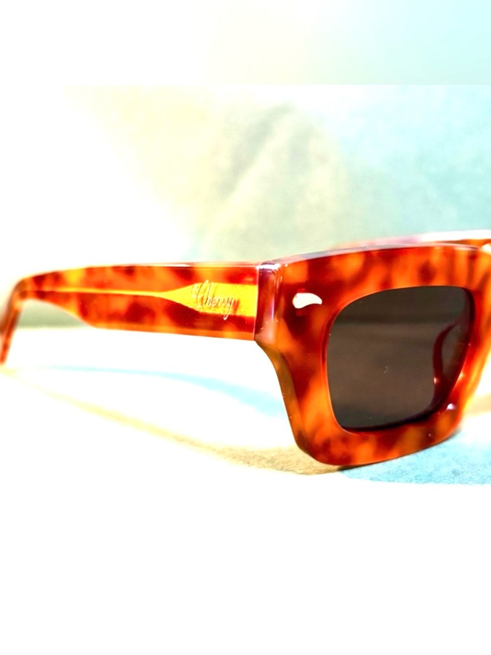 Cherry LA Tortoise Amber Rectangular Sunglasses with Green Lenses - Picture 14 of 15